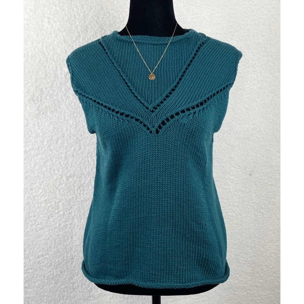 Handmade Teal Knit Sleeveless Blouse, M - Picture 2 of 10